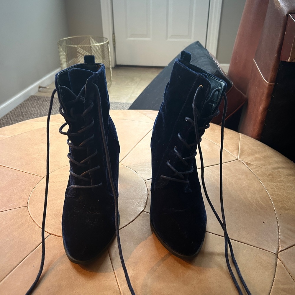 Elegant Navy Blue Velour Lace-Up Women's Boots